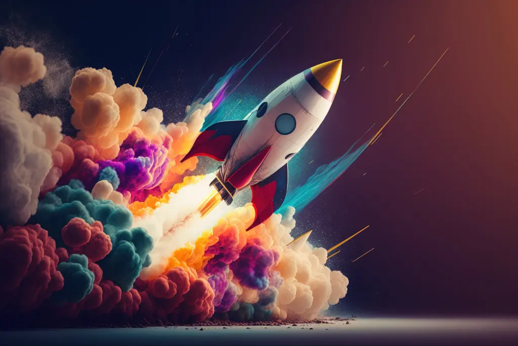 a rocket takes off into space in a burst of colors