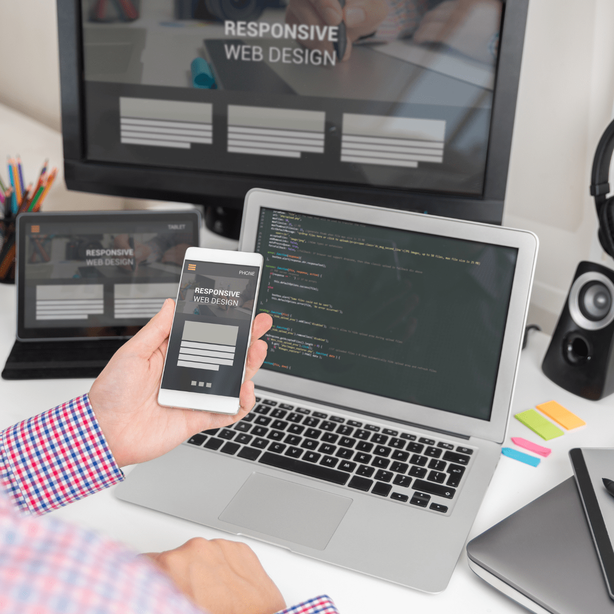 Responsive web design displayed on phone, tablet, and desktop screens.