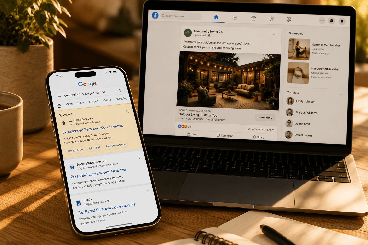 Laptop and phone displaying legal ads and Facebook ads for home improvement