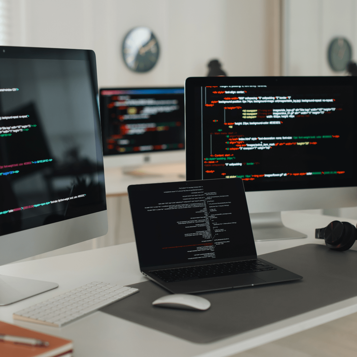 Multiple computer screens displaying code and data, suggesting AI and marketing automation development.