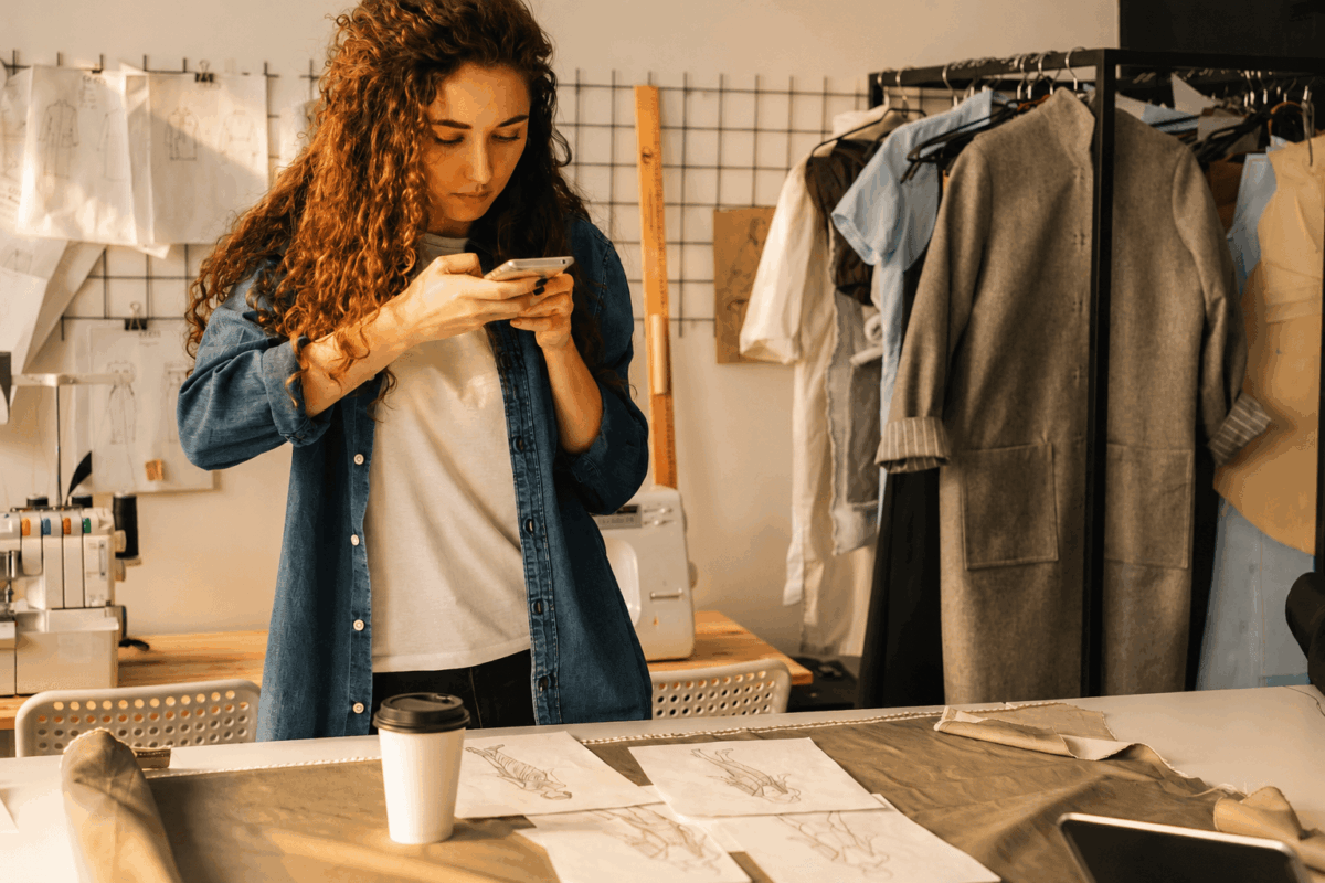 Fashion designer using smartphone in studio with sketches and clothing rack