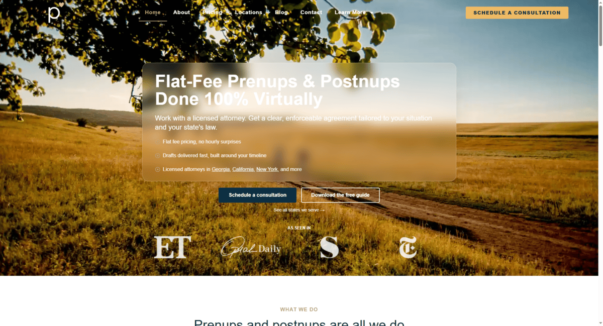 Law firm website homepage with text "Flat-Fee Prenups & Postnups Done 100% Virtually.