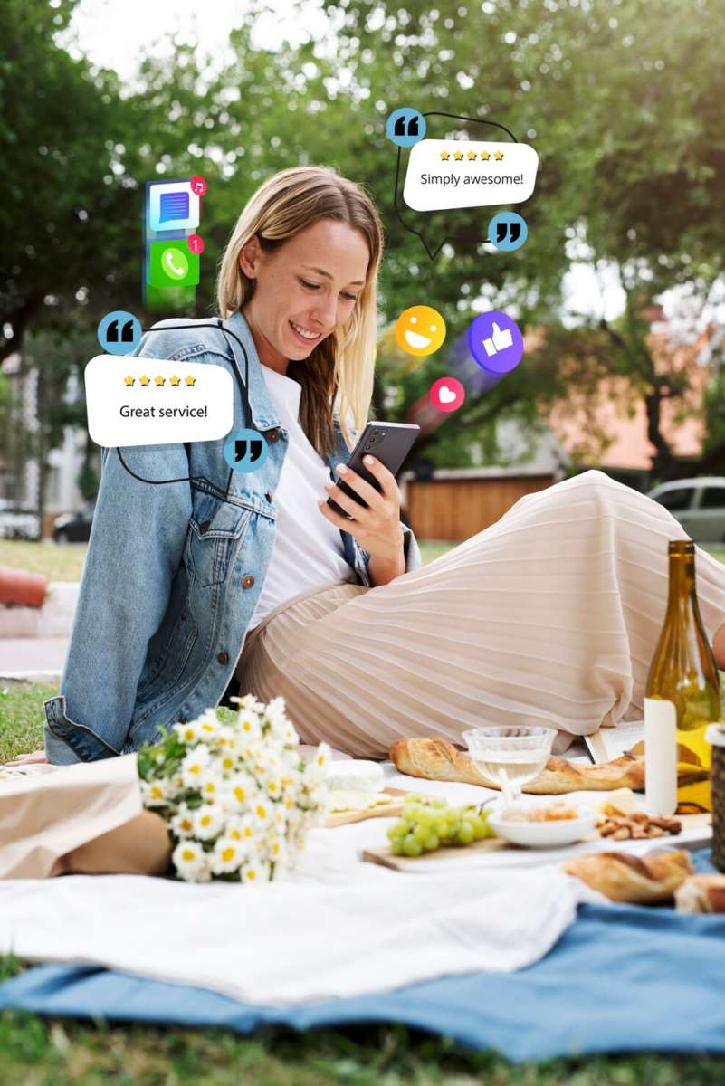 Woman smiling at phone with positive review notifications, managing online reputation.