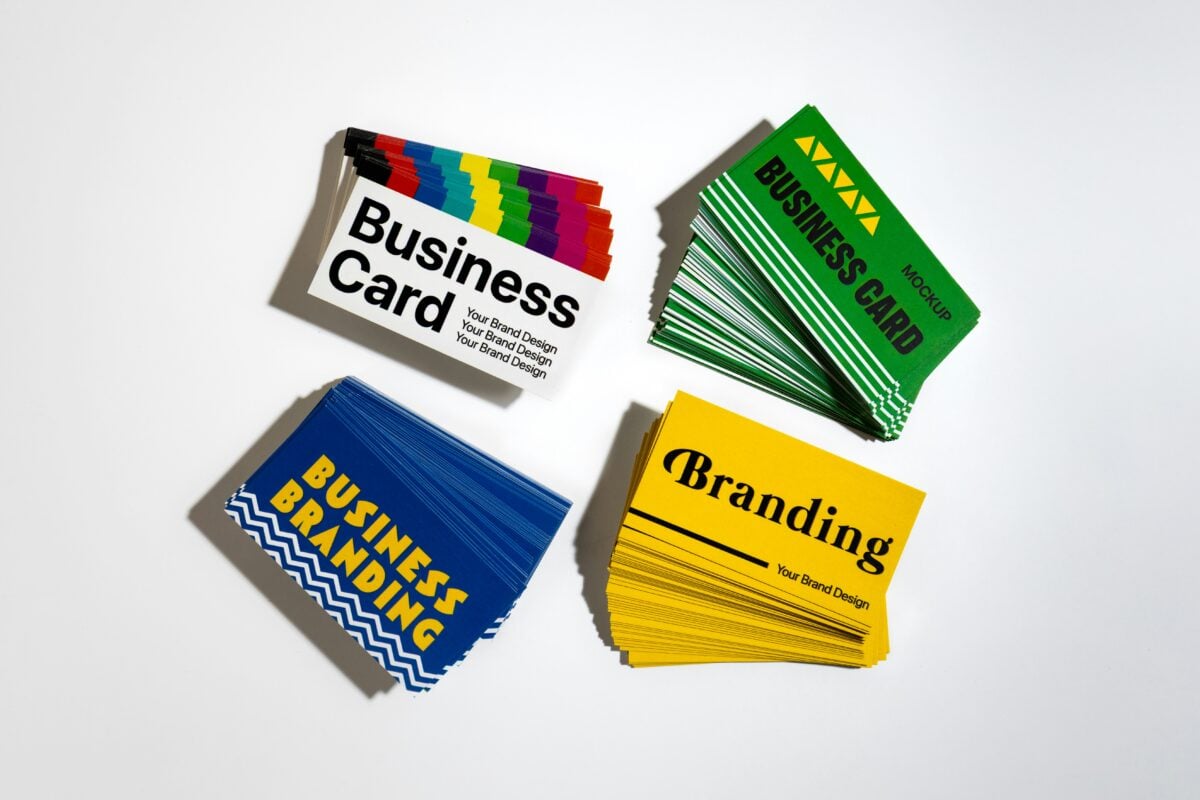 Business card mockups showcasing branding and identity design concepts.