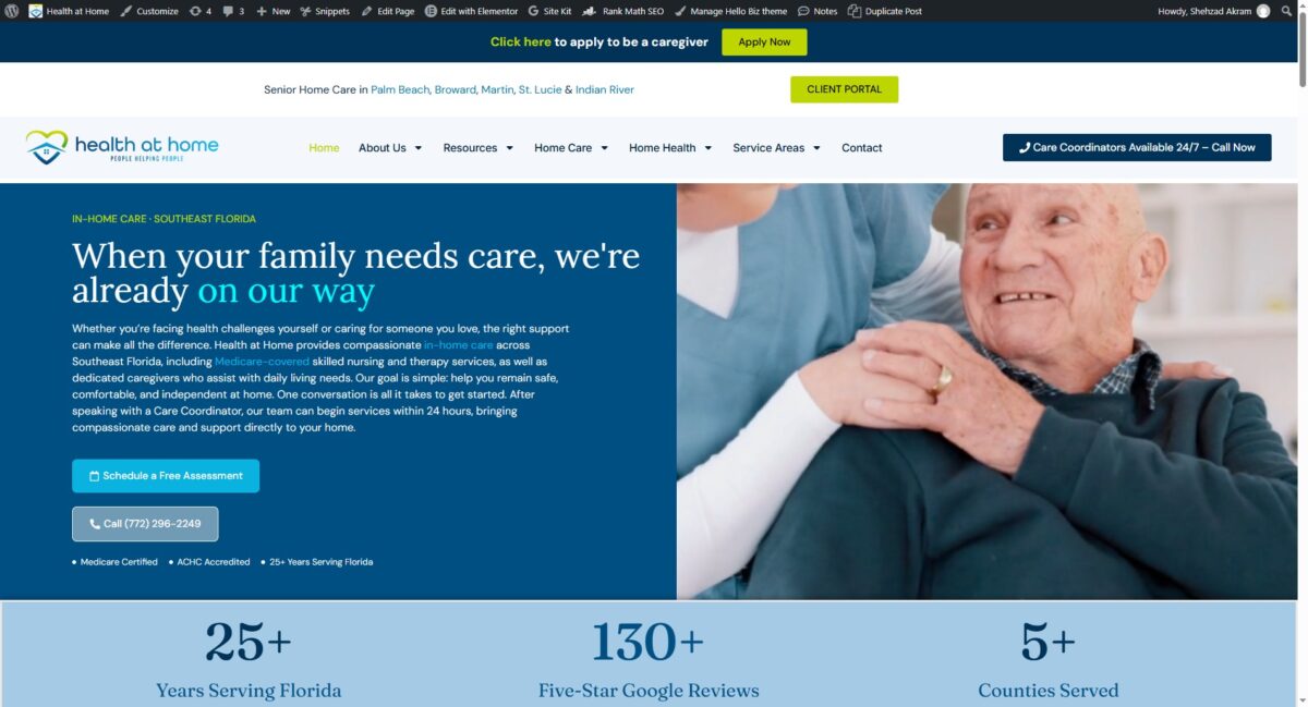 Senior care in Palm Beach, Florida: a smiling senior man with a caregiver