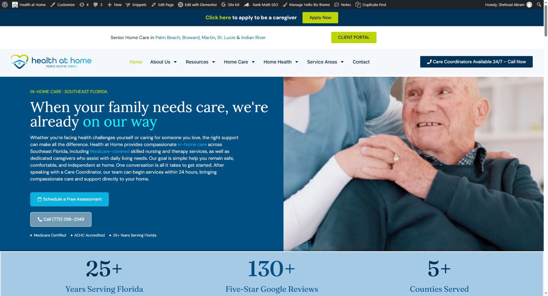 Senior care in Palm Beach, Florida: a smiling senior man with a caregiver