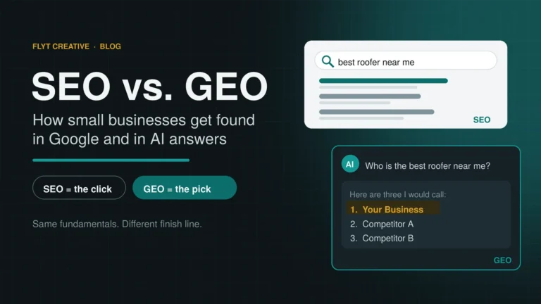 SEO vs. GEO: a Google search result compared with an AI assistant naming a business